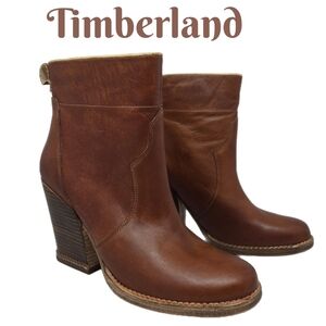 Timberland Womens Bootie Size 10 Marge Short Pull On Carmel Leather Chunk Heels